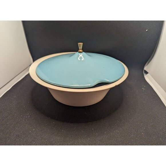 Vintage MCM bowl with lid serving soup teal blue lid 9.25 inch bowl - Picture 8 of 9
